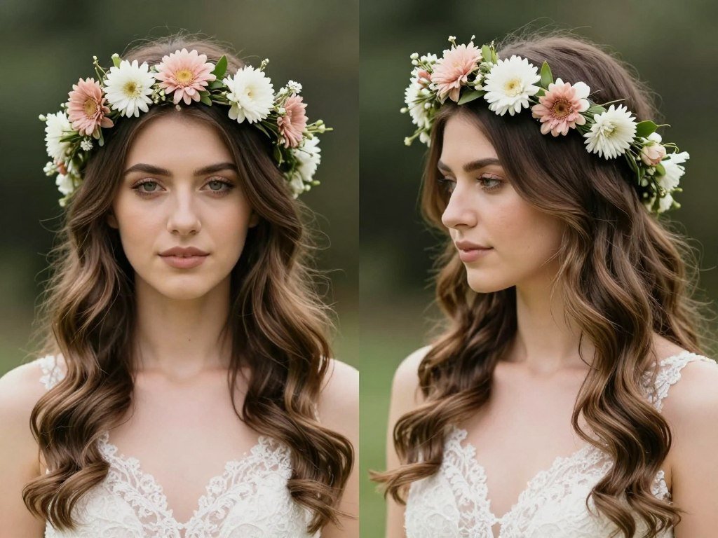 Flower crown with waves bridesmaid hairstyle in bohemian style Flower crown with waves bridesmaid hairstyle in bohemian style