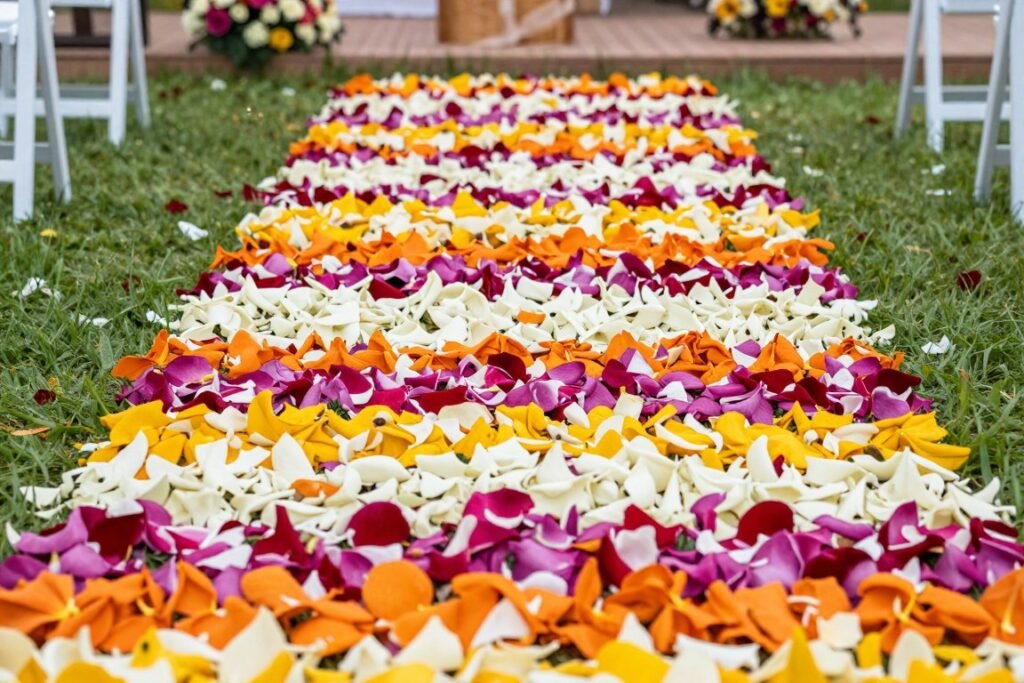 Flower petal aisle for backyard wedding ceremony