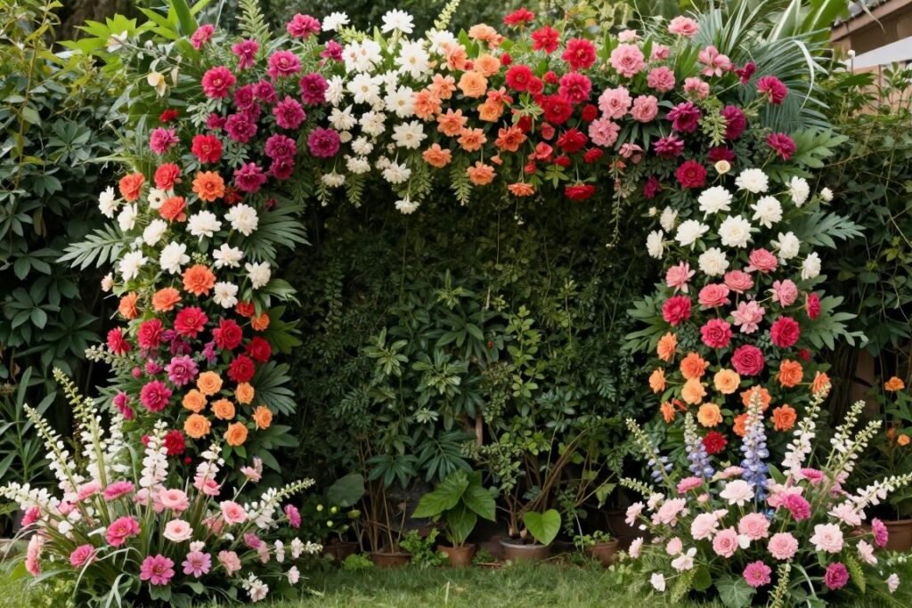 Flower wall backdrop for backyard wedding photos