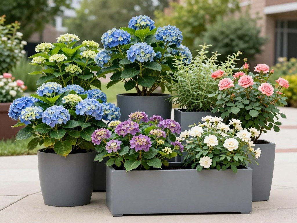 Flowering shrubs in large outdoor planters providing color and structure
