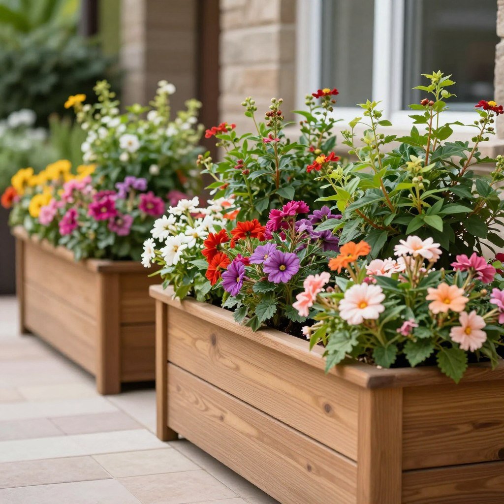 Flowering shrubs in privacy planters adding color and privacy