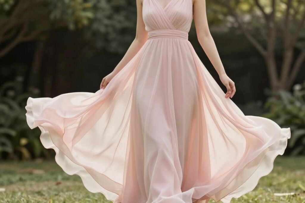 Flowing chiffon blush pink bridesmaid dress in motion