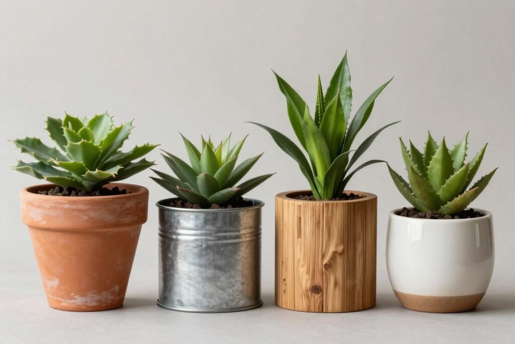 Four different planter materials shown side by side - terracotta, metal, wood, and ceramic planters with various plants