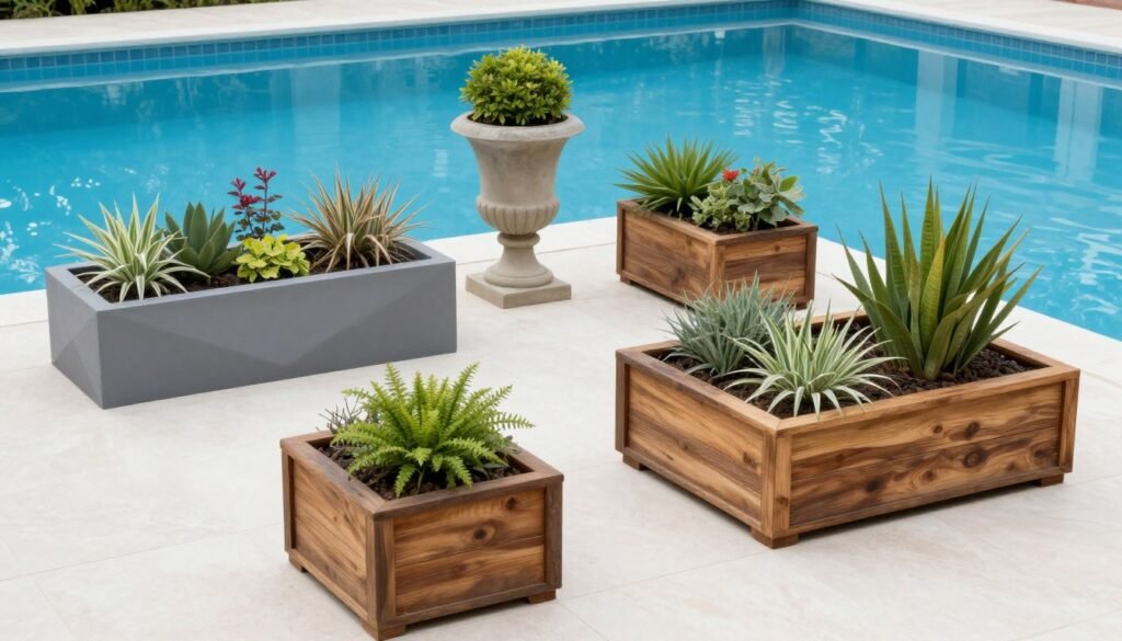 Four different planter styles arranged around a pool: modern geometric, classic urns, rustic wood, and elevated planters
