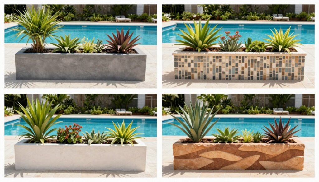Four different poolside planter themes showing modern, tropical, Mediterranean, and desert styles Four different poolside planter themes showing modern, tropical, Mediterranean, and desert styles