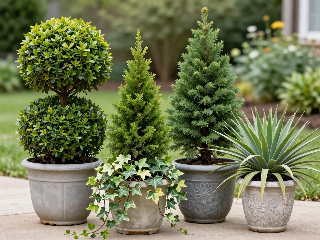 Four evergreen plants ideal for front door planters: boxwood, dwarf Alberta spruce, English ivy, and dwarf yucca Four evergreen plants ideal for front door planters: boxwood, dwarf Alberta spruce, English ivy, and dwarf yucca