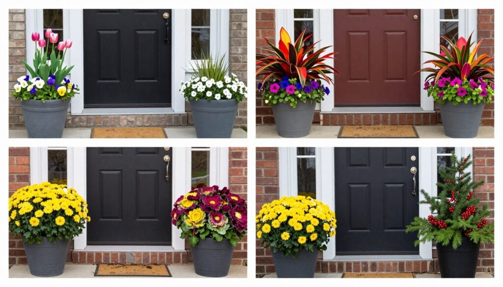 Four front porch planters showing seasonal variations - spring flowers, summer tropicals, fall mums, and winter evergreens