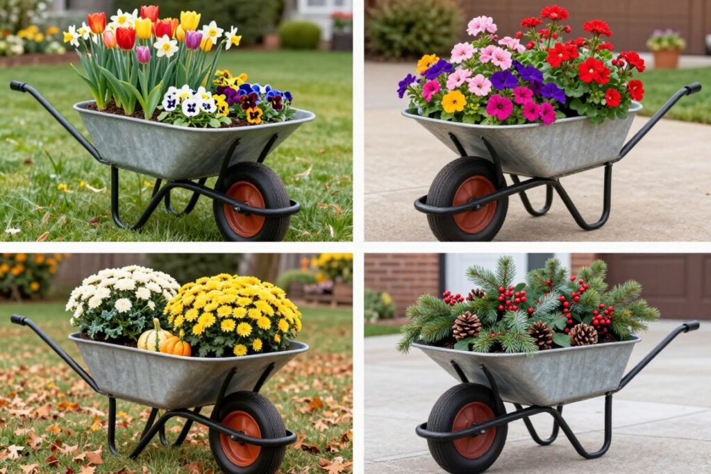 Four-panel image showing the same wheelbarrow planter in different seasons with appropriate seasonal flowers and decorative elements Four-panel image showing the same wheelbarrow planter in different seasons with appropriate seasonal flowers and decorative elements
