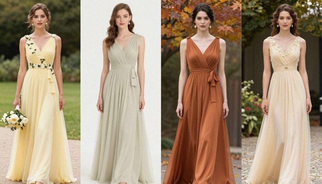 Four season comparison showing butter yellow bridesmaid dresses styled differently