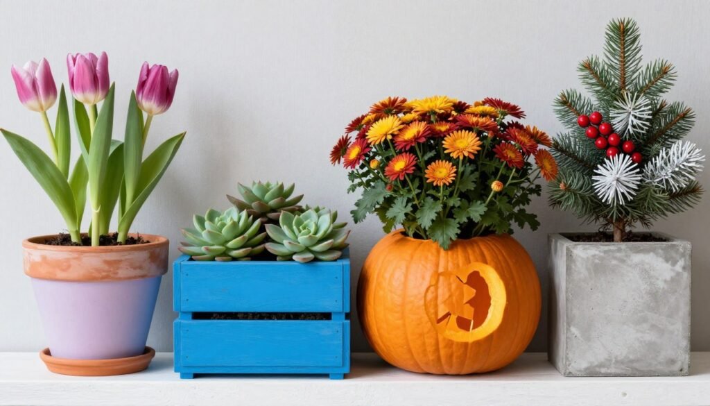 Four seasonal DIY planters showcasing different styles for spring, summer, fall, and winter