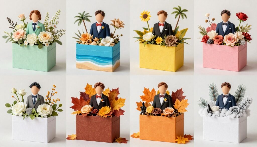 Four seasonal groomsmen proposal boxes representing spring, summer, fall, and winter