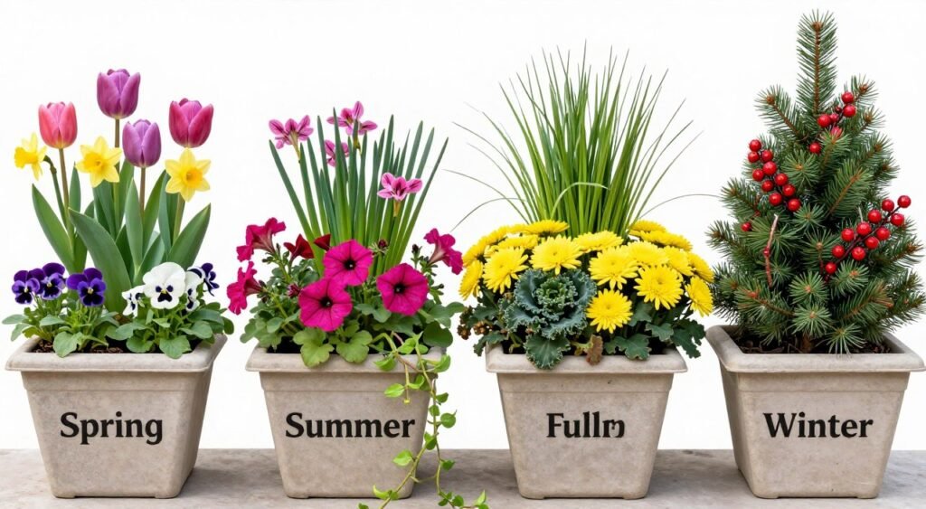 Four seasonal planter arrangements showing spring tulips and daffodils, summer petunias and geraniums, fall mums and ornamental kale, and winter evergreens with red berries
