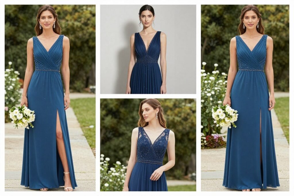 Four seasons collage showing blue bridesmaid dresses styled for different times of year