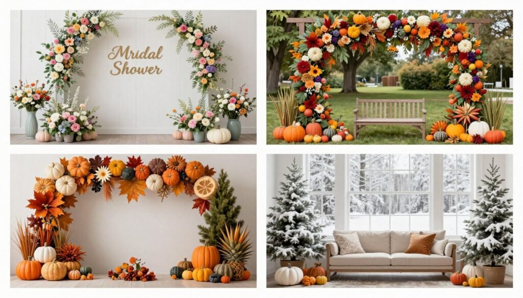 Four seasons of bridal shower decorations showing seasonal differences