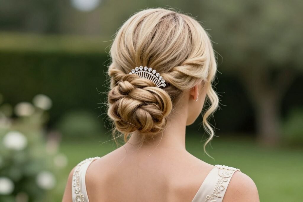 French twist bridesmaid updo with decorative comb