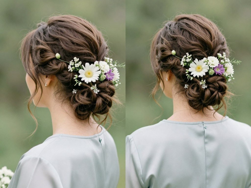 Fresh flowers adorning bridesmaid hairstyle naturally Fresh flowers adorning bridesmaid hairstyle naturally