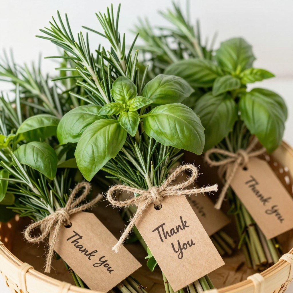 Fresh herb bundles tied with burlap as bridal shower favors