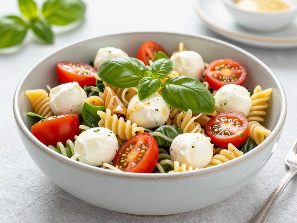 Fresh pasta salad in decorative bowl for bridal shower