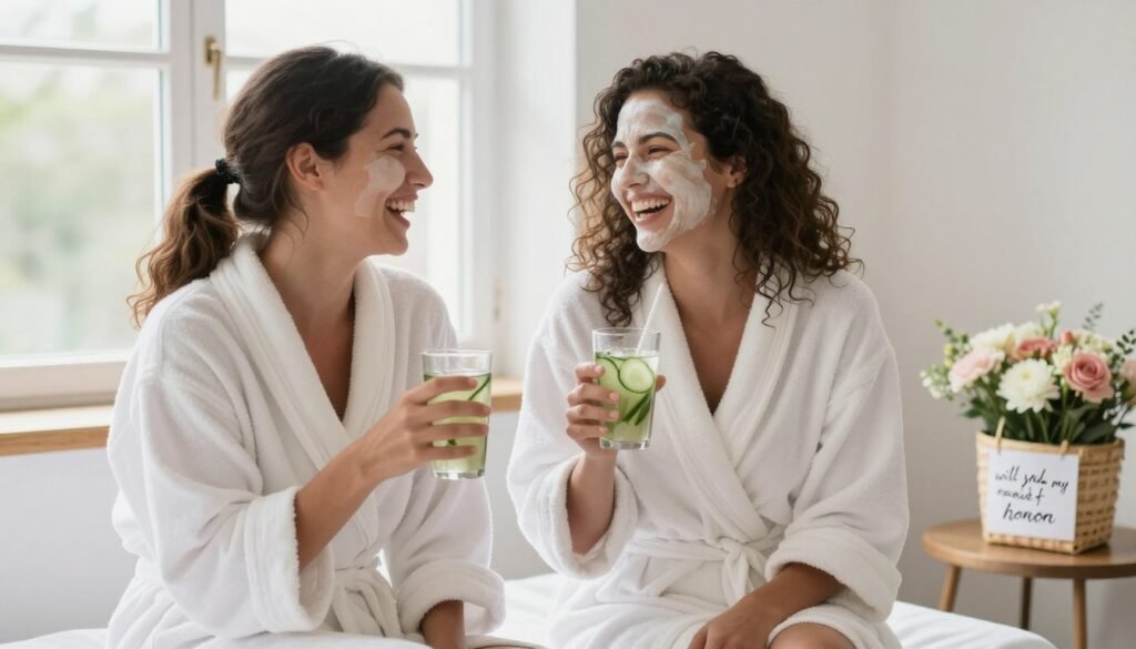 Friends enjoying a spa day proposal experience with gift basket Friends enjoying a spa day proposal experience with gift basket