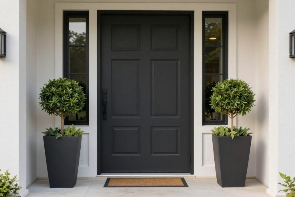 Front entrance showing proper scale and proportion of planters relative to door size