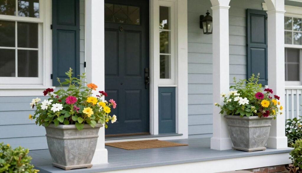 Front porch planters displaying a harmonious color scheme that complements the home's exterior Front porch planters displaying a harmonious color scheme that complements the home's exterior