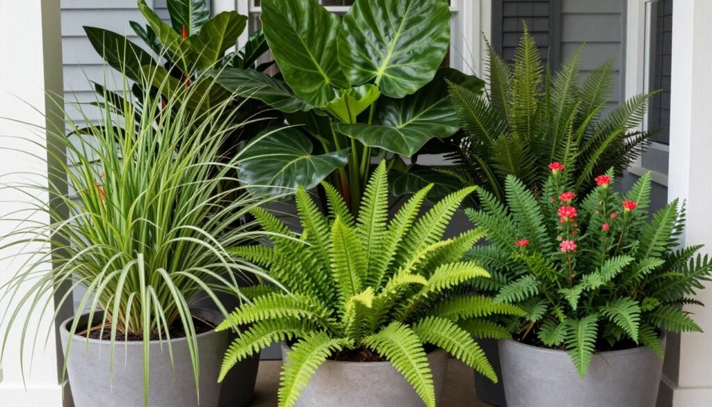 Front porch planters showcasing a variety of plant textures from fine to bold creating visual interest Front porch planters showcasing a variety of plant textures from fine to bold creating visual interest
