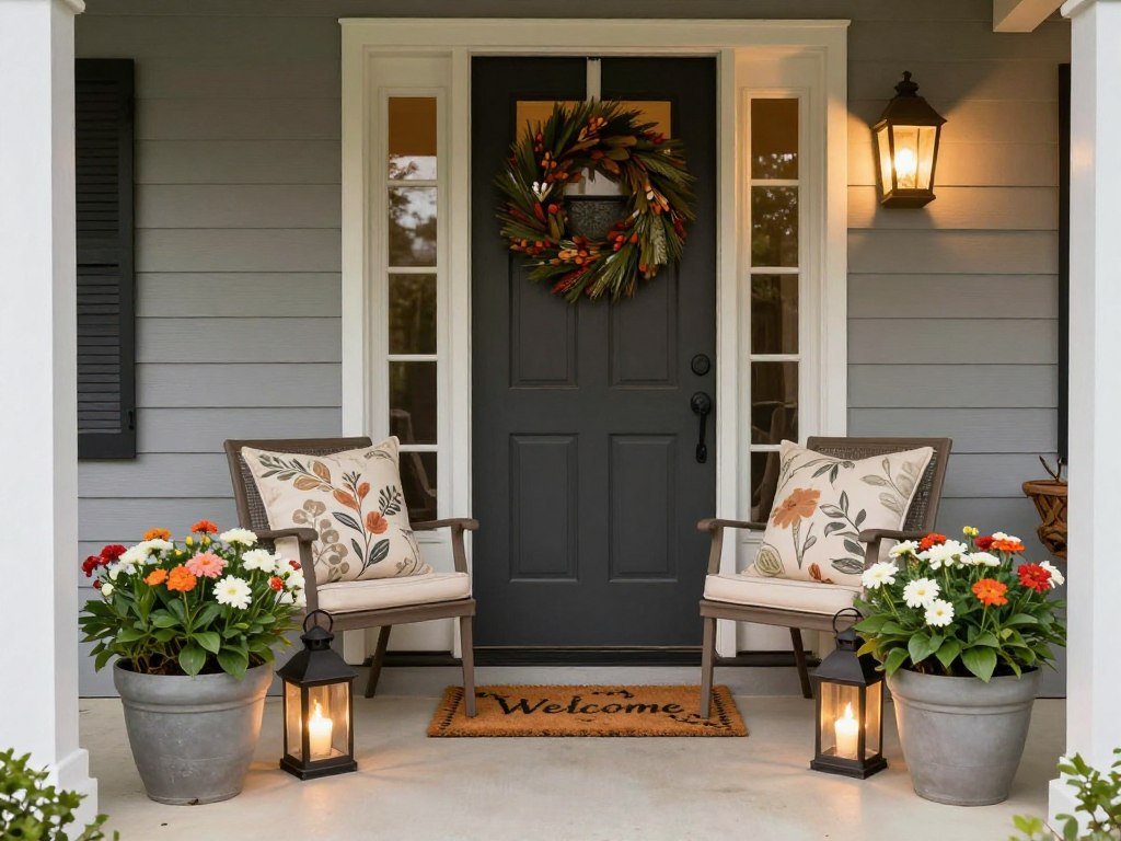 Front porch vignette showing planters coordinated with furniture, lighting, and seasonal decor