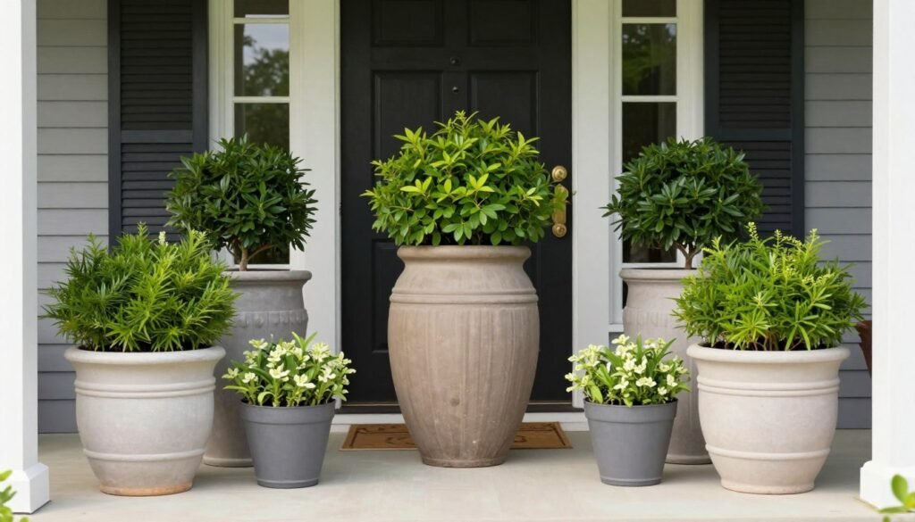 Front porch with planters arranged in groups of three at varying heights creating visual interest Front porch with planters arranged in groups of three at varying heights creating visual interest