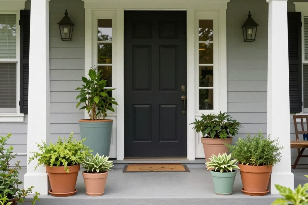 Front porch with planters of varying heights and sizes creating visual interest and dimension