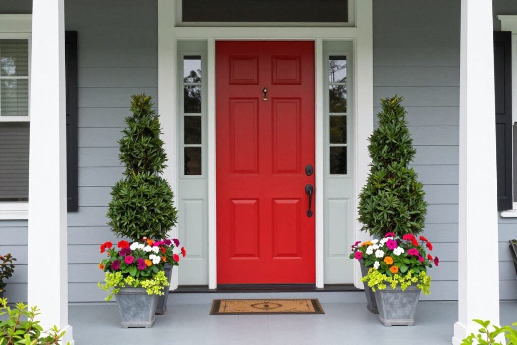 Front porch with planters of varying heights arranged symmetrically on both sides of the door