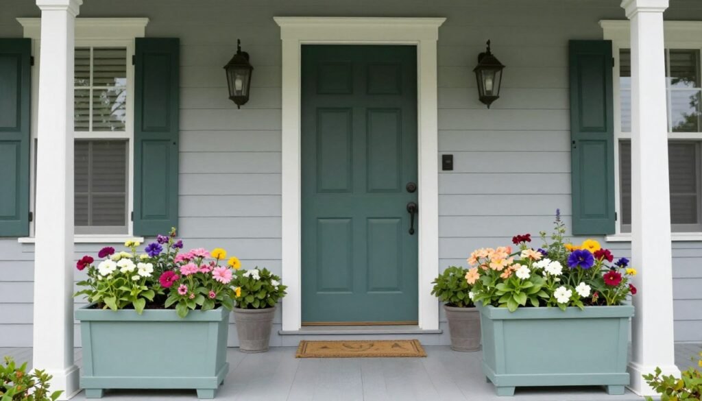 Front porch with planters showcasing a harmonious color scheme that complements the home's exterior colors