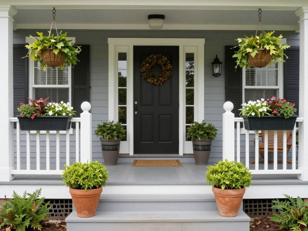Front porch with planters strategically placed on steps, by the door, and along railings to create depth and interest