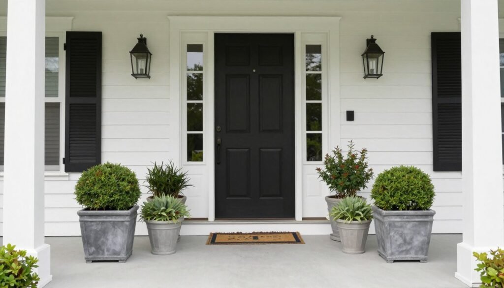Front porch with properly scaled planters that complement the size of the entrance and architecture Front porch with properly scaled planters that complement the size of the entrance and architecture