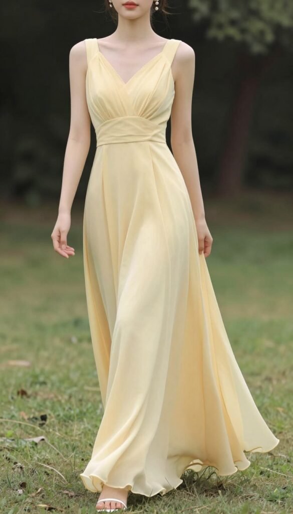 Full-length butter yellow maxi bridesmaid dress showing elegant draping and movement