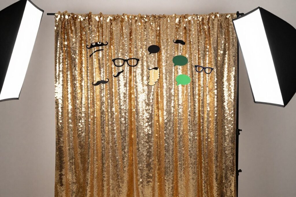 Fun photo booth backdrop with props and decorative elements Fun photo booth backdrop with props and decorative elements