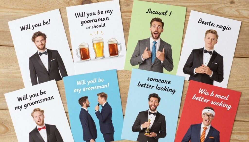 Funny groomsmen proposal cards with humorous puns and casual language