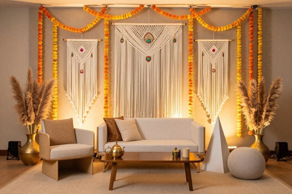 Fusion desi wedding decor combining traditional elements with modern bohemian style