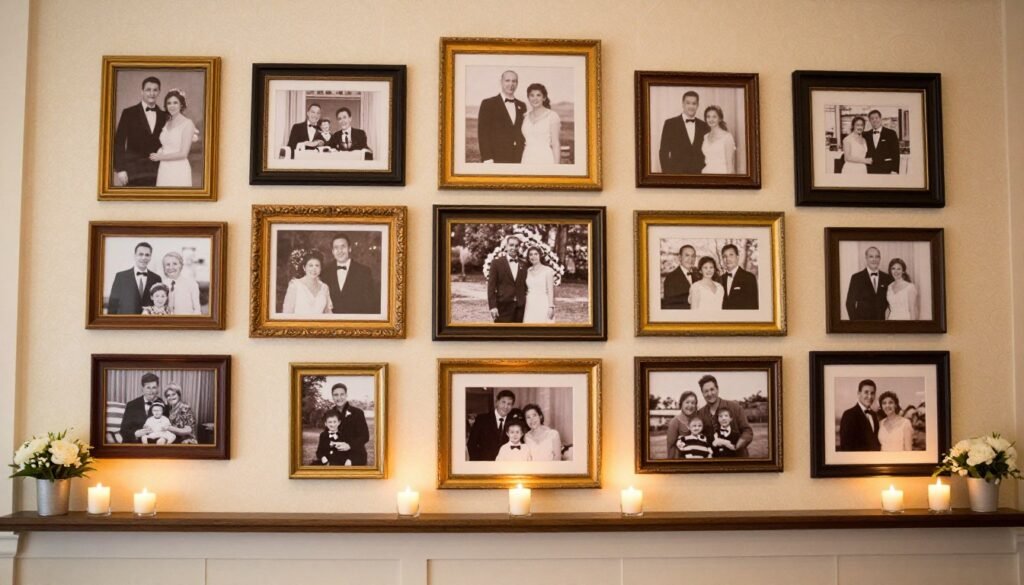 Gallery wall of memorial photos at wedding Gallery wall of memorial photos at wedding
