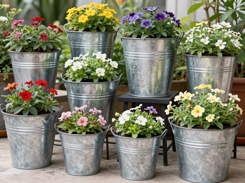 Galvanized metal tubs of various sizes used as planters with colorful flowers Galvanized metal tubs of various sizes used as planters with colorful flowers