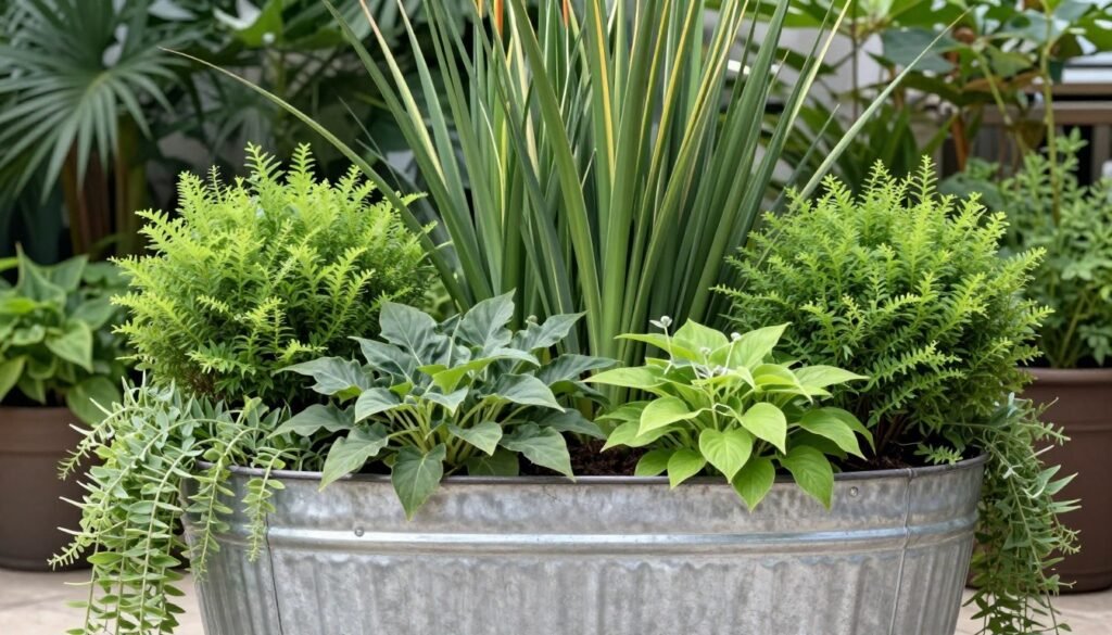 Galvanized tub planter with thrilling, filling and spilling plants arrangement