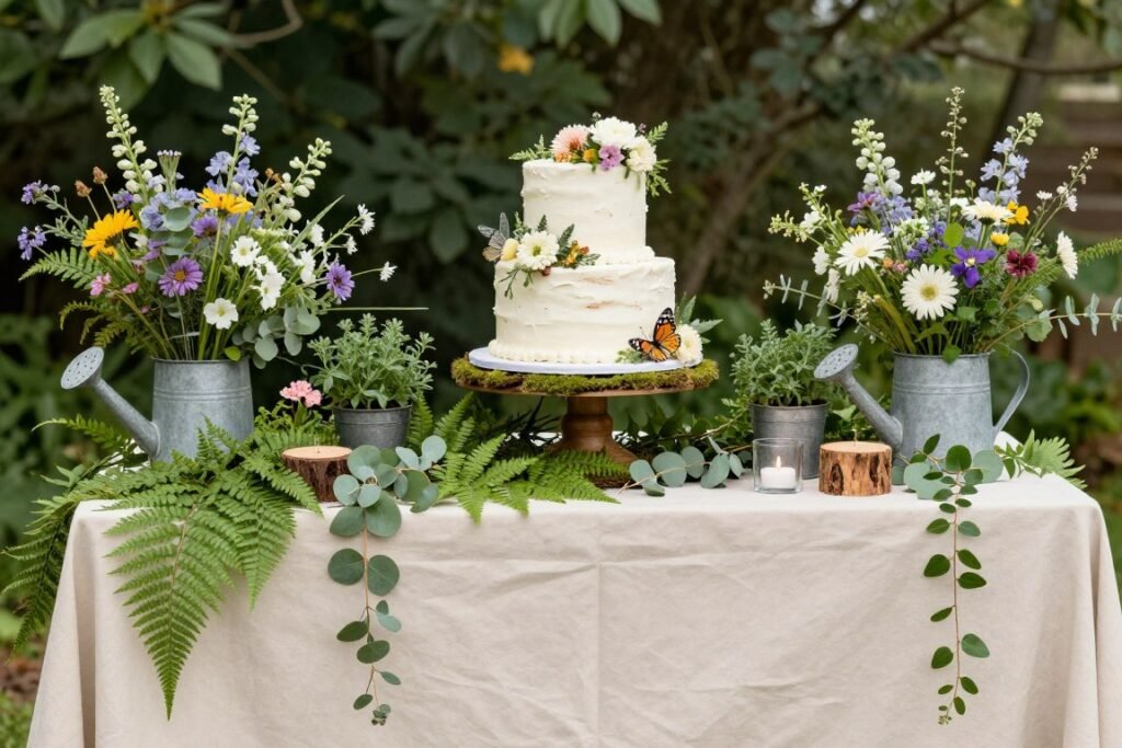 Garden-inspired wedding cake table with abundant greenery, wildflowers, and botanical elements