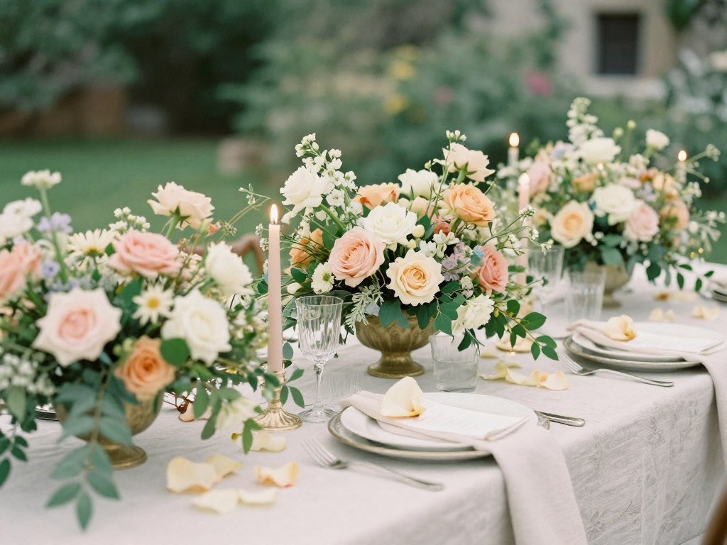 Garden-inspired wedding table with simple floral arrangements and soft, romantic lighting