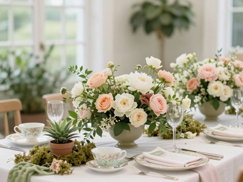 Garden-themed bridal shower table with floral centerpieces, greenery, and pastel accents