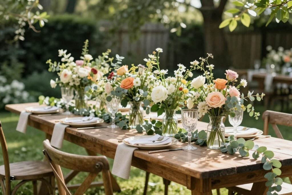 Garden-themed bridal shower with abundant fresh flowers, greenery, and natural elements