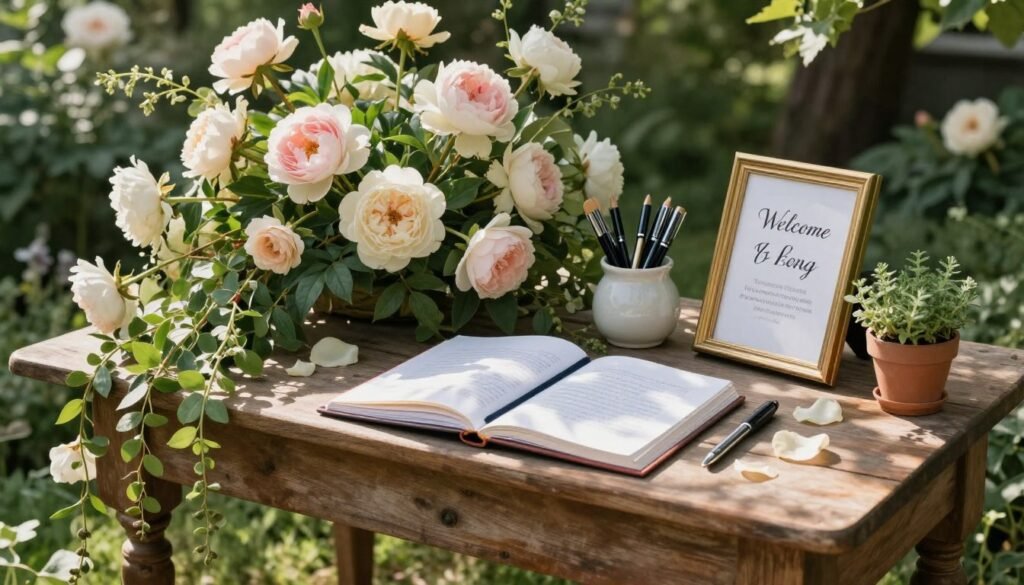 Garden-themed guest book table with lush florals and natural elements Garden-themed guest book table with lush florals and natural elements