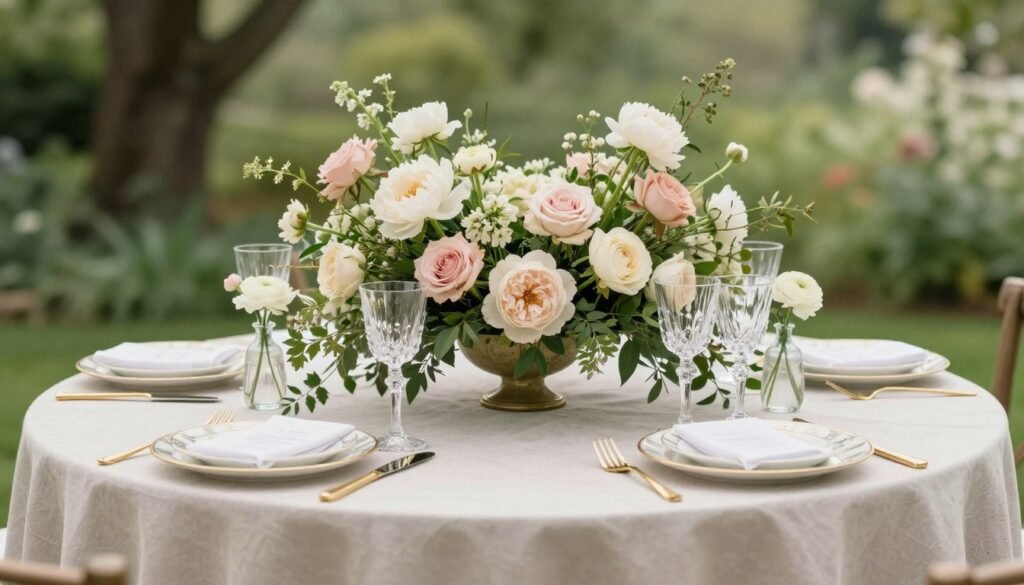 Garden-themed round wedding table with lush floral centerpiece and greenery