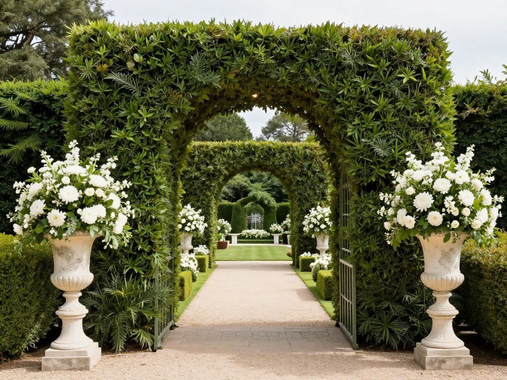 Garden-themed wedding entrance with topiary trees and flower-filled urns Garden-themed wedding entrance with topiary trees and flower-filled urns