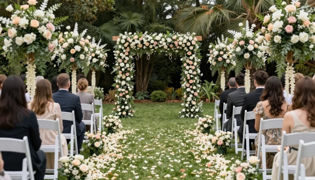 Garden wedding aisle decorated with flowers and petals