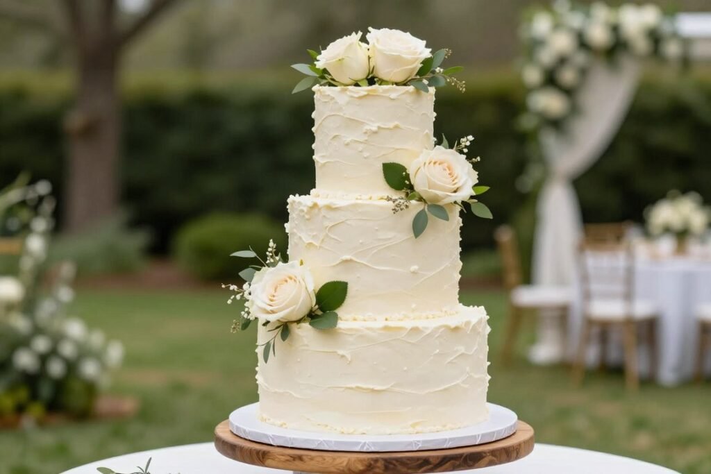 Garden wedding cake with fresh flowers and natural decorations