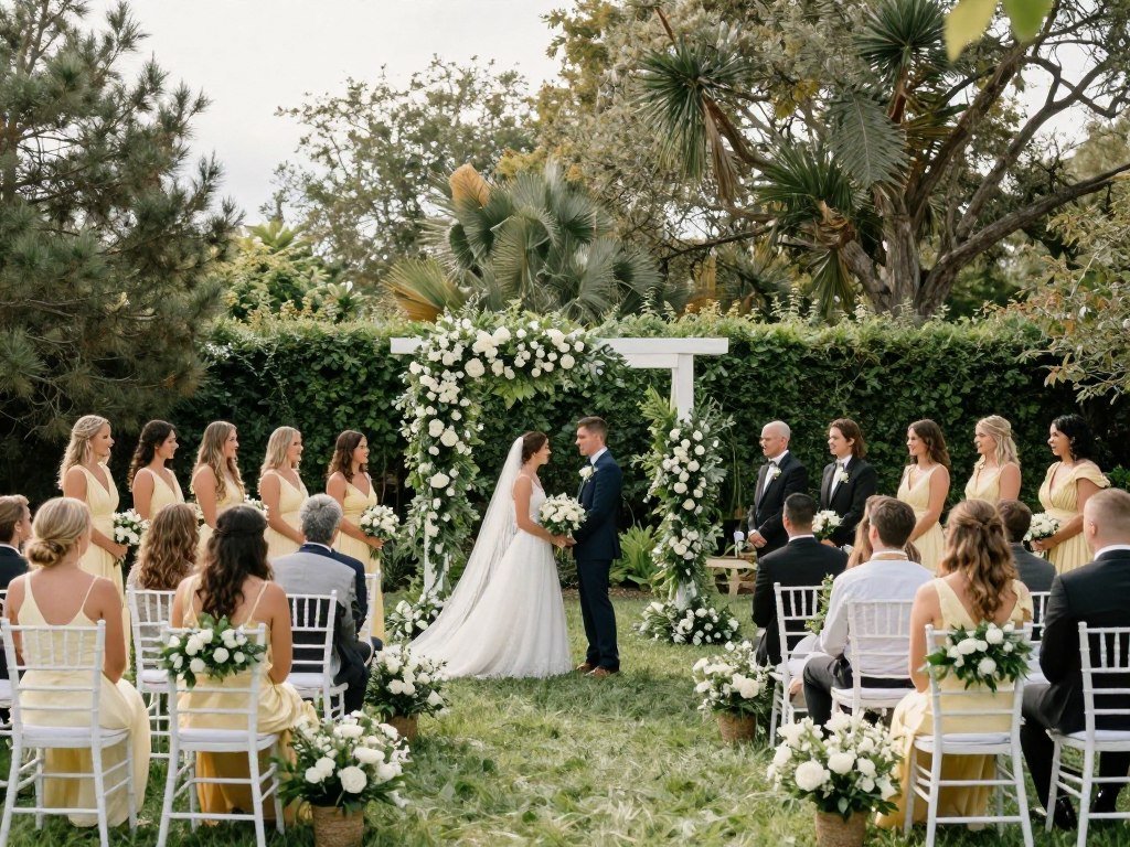 Garden wedding ceremony setup with butter yellow bridesmaid dresses and white flowers